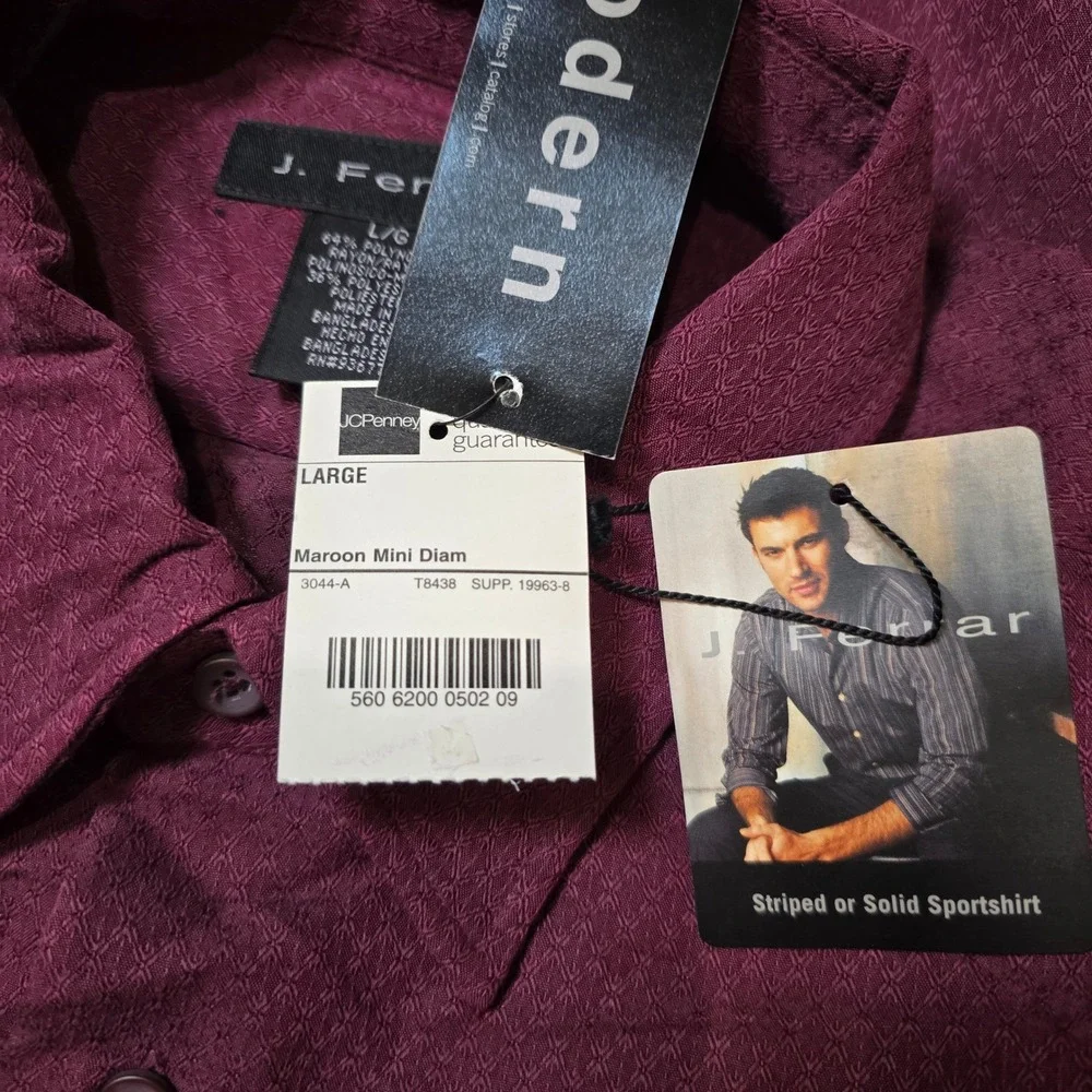 J Ferrar Men's Burgundy Mini Diamond Pattern Long‎ Sleeve Button Down Shirt L/G